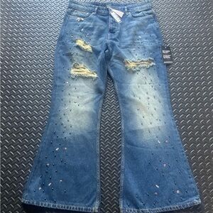 BoohooMAN "Relaxed Rigid Flared Rhinestone Embellished Ripped Jeans NWT Size 34R